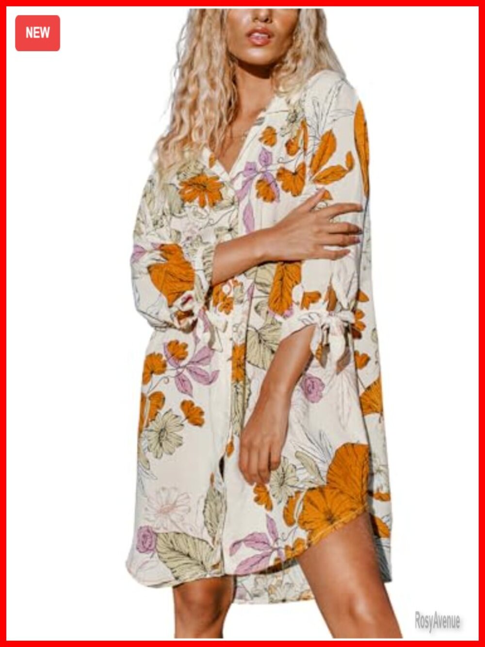 Women's Summer Mini Dress Cover Up Oversize Floral Shirt 3/4 Sleeve Button Down